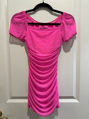 Katie J NYC Hot Pink Ruched Puff Sleeve Mini Dress